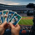 A person holding baseball cards with a blurred baseball stadium in the background