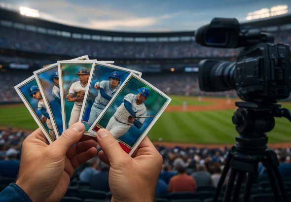 A person holding baseball cards with a blurred baseball stadium in the background