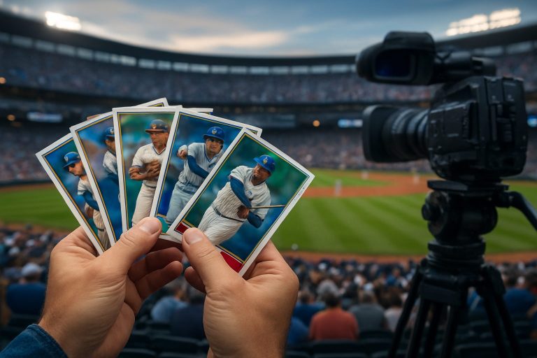 A person holding baseball cards with a blurred baseball stadium in the background
